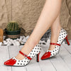 Chic Polka Dot Mary Jane Kitten Heels with heart-shaped ankle strap, perfect for vintage style and all-season wear.