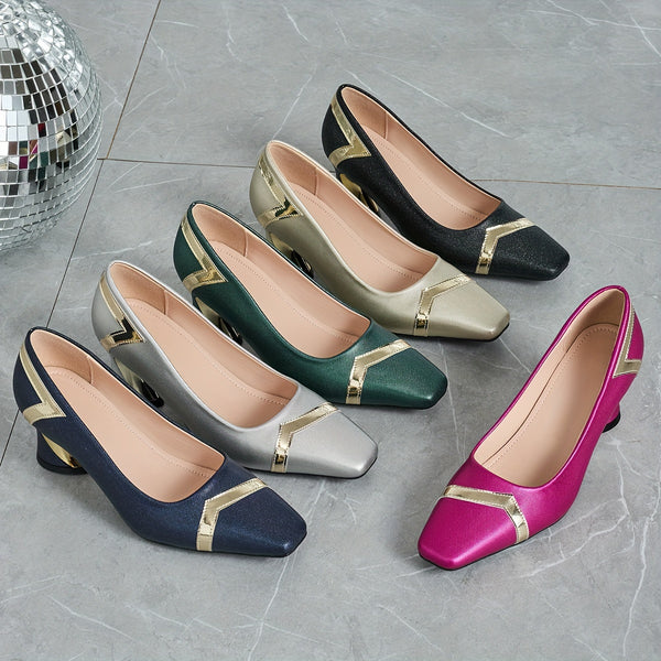 Chic glitter block heel pumps with square toe, perfect for all-season wear and stylish comfort at any occasion.