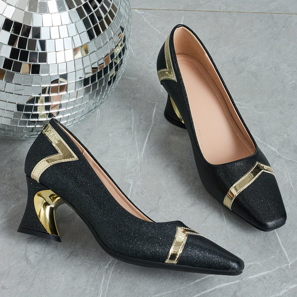 Chic glitter block heel pumps with square toe, perfect for all-season wear and stylish comfort at any occasion.