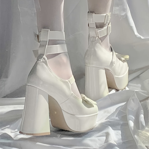 Elegant women's bow high heels with block heel, round toe, and buckle closure for stylish comfort in all seasons.