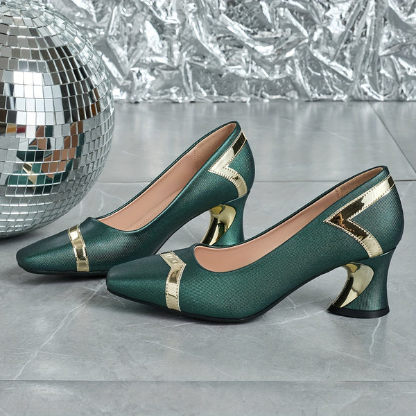 Chic glitter block heel pumps with square toe, perfect for all-season wear and stylish comfort at any event.