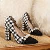 Elegant women’s houndstooth pumps with pearl accents, pointed toe, chunky block heel, perfect for formal events and office we