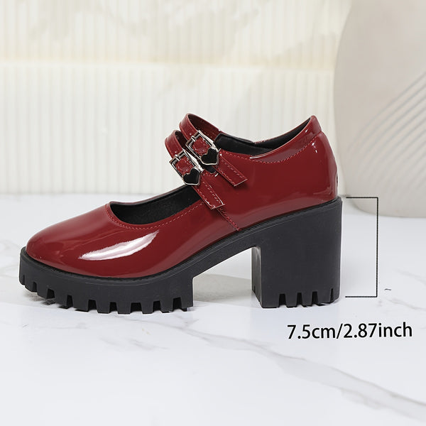 Women's chunky heel brogue platform shoes with heart straps, featuring vintage style, double buckle, and durable rubber sole.