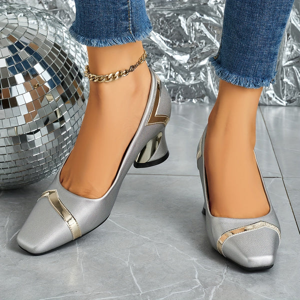 Chic glitter block heel pumps with square toe, perfect for all-season wear and stylish comfort at any occasion.
