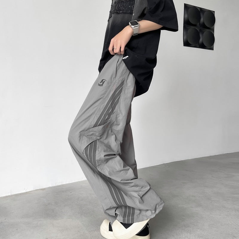 Striped Paratrooper Tactical Pants in Gray and Black, Men's Outdoor Leisurewear with Drawstring Detail.