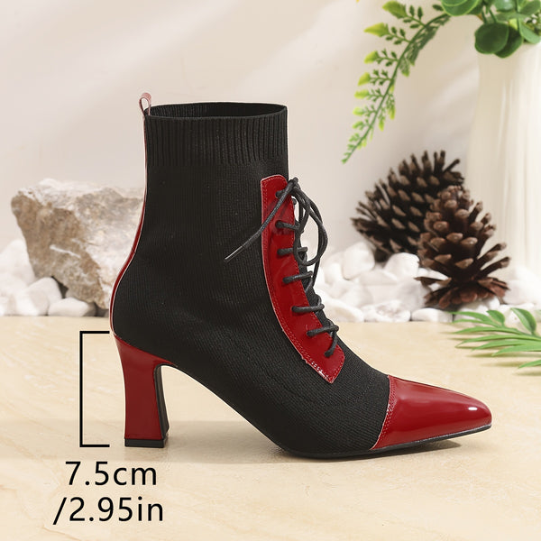 Chic black and red pointed toe lace-up booties with block heel, perfect for all-season fashion and comfort.
