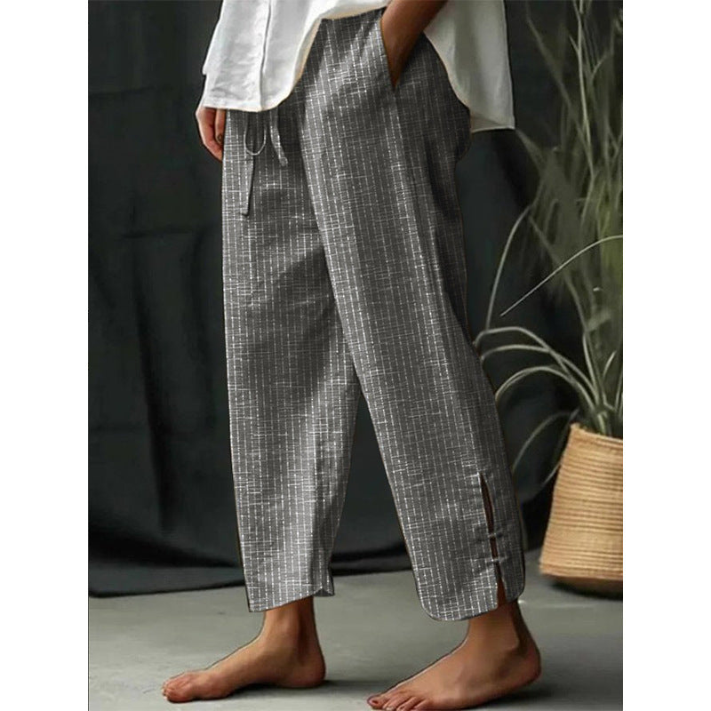 Striped Linen-Cotton Men's Pants, Blue Graphite Khaki, Loose Fit, Pocketed Casual Trousers, Mid-Waist Style.
