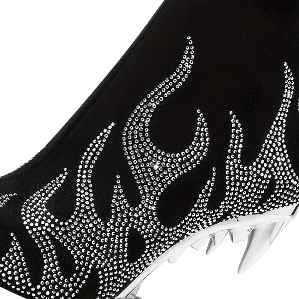 Glamorous rhinestone heels with flame pattern, pointed toe, side zipper, perfect for evening wear and nightclub events.