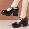 Women's chunky heel brogue platform shoes with heart straps, featuring vintage style, double buckle, and durable rubber sole.