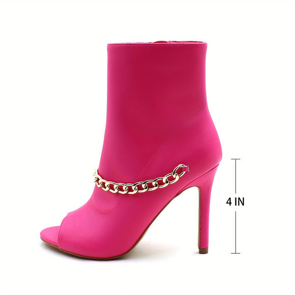 Glossy pink stiletto pumps with back zipper, chic ankle boots for parties and formal events, slip-resistant sole for stabilit