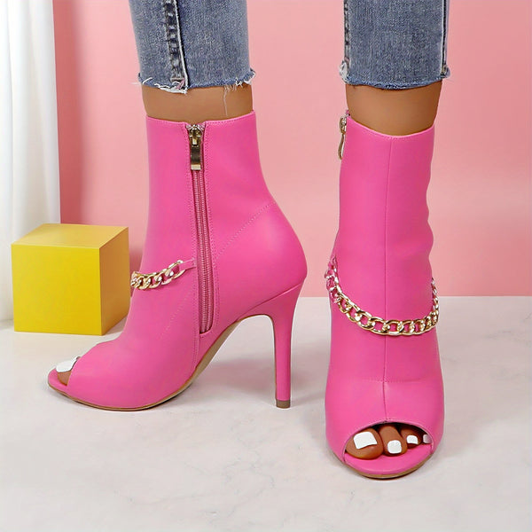 Glossy pink stiletto pumps with back zipper, chic ankle boots for parties and formal events, slip-resistant sole for stabilit