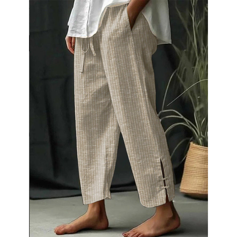 Men's Striped Linen-Cotton Pants in Blue, Graphite, and Khaki with Pockets - Casual Mid-Waist Trousers for Teens and Adults
