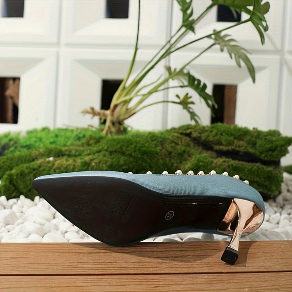 Peacock blue pearl studded heels, chic mid-height pumps with pointed toe, perfect for stylish events and parties.