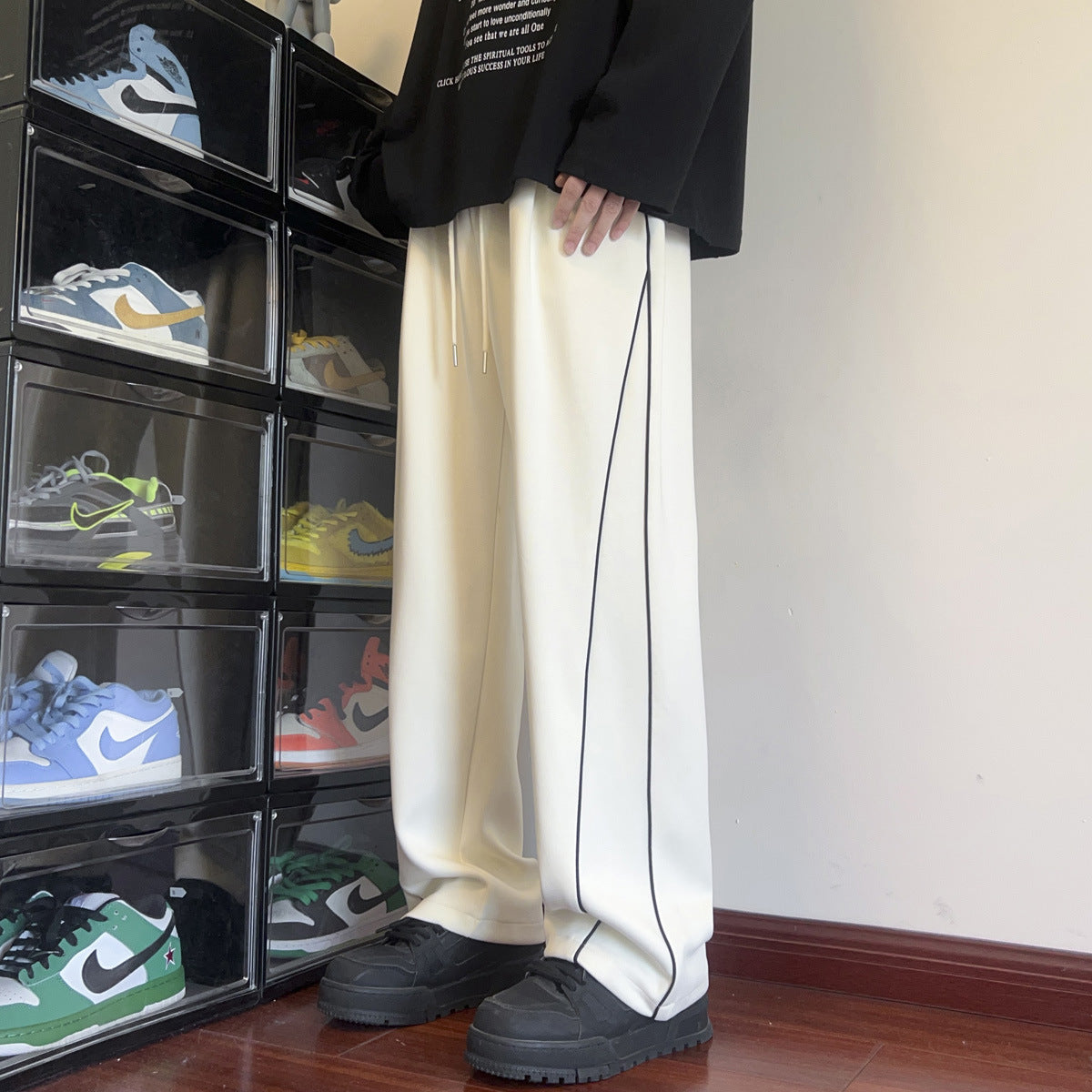 Men's Black & White Stripes Wide-Leg Summer Pants - Comfortable men's trousers with distinctive pattern, perfect for summer.
