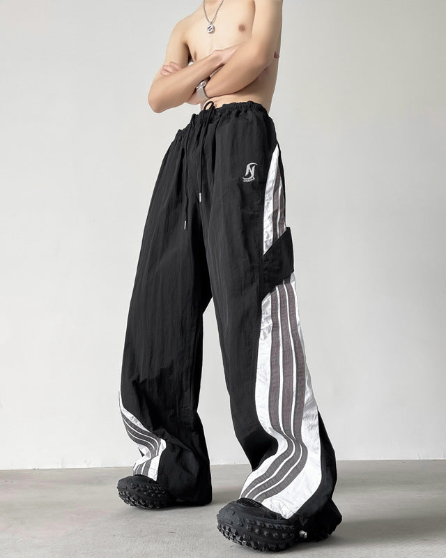 Striped Paratrooper Men's Tactical Pants with Drawstring, Gray and Black Stripe Design, Micro-Elasticity, Polyester, Men's Outdoor Wear.