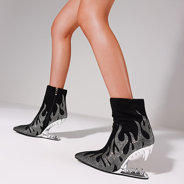 Glamorous rhinestone heels with flame pattern, pointed toe, side zipper, perfect for evening wear and nightclub events.