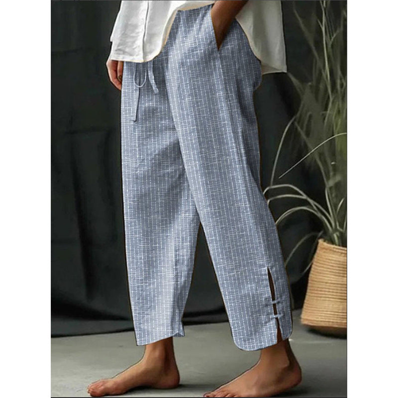 Men's Striped Linen Cotton Pants, Blue Graphite Khaki, Mid-Waist Loose Fit with Pockets - Casual Style for Youth and Adults