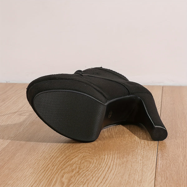 Chic velvet ankle boots with platform block heel, side zipper, and round toe for elegant, comfortable all-day wear.