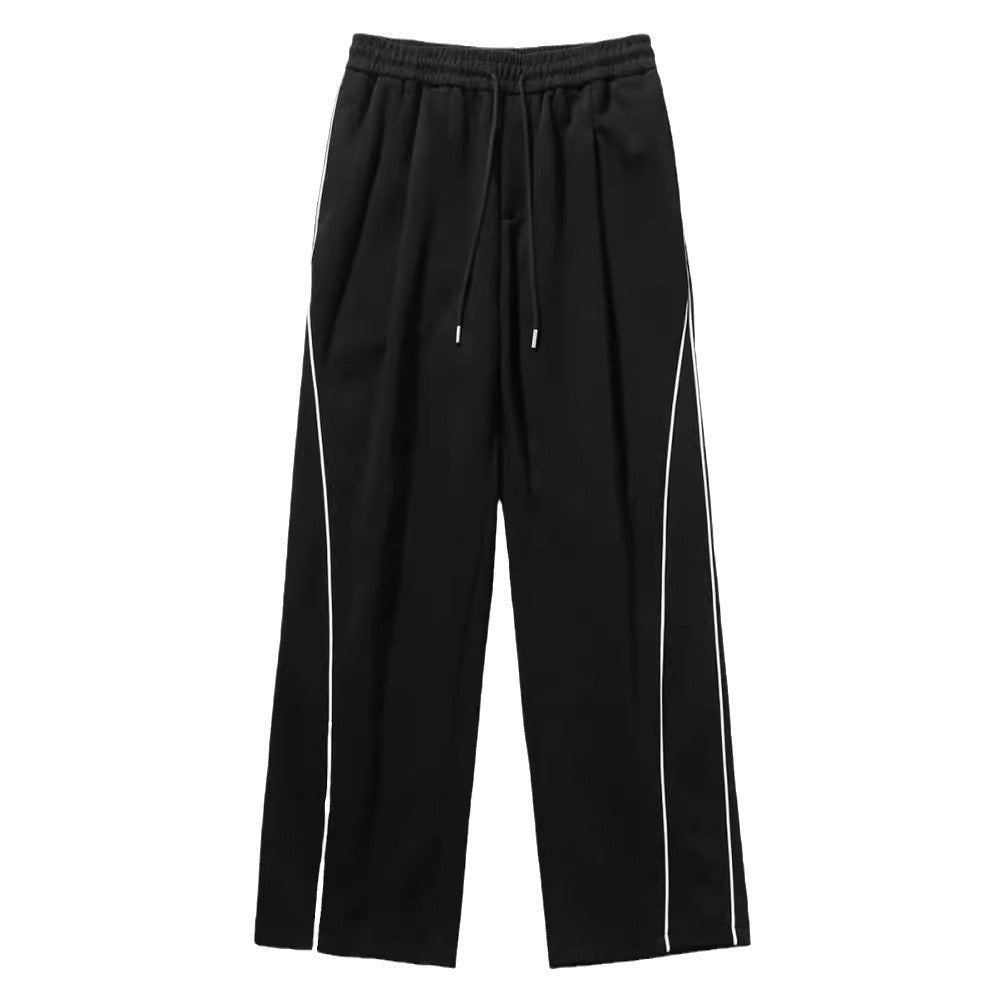 Men's Black & White Striped Wide-Leg Summer Pants, Mid-Waist Drawstring Pants, Men's Casual Fashion, Polyester Blend Trousers