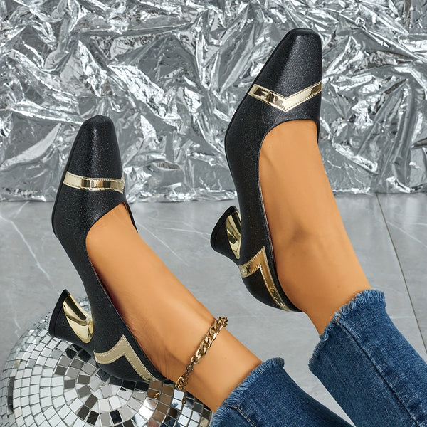 Chic glitter block heel pumps with square toe, perfect for all-season wear and stylish comfort at any event.