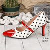 Chic Polka Dot Mary Jane Kitten Heels with heart-shaped ankle strap, perfect for vintage style and all-season comfort.