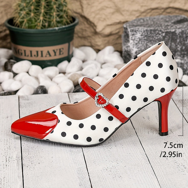 Chic Polka Dot Mary Jane Kitten Heels with heart-shaped ankle strap, perfect for vintage style and all-season comfort.