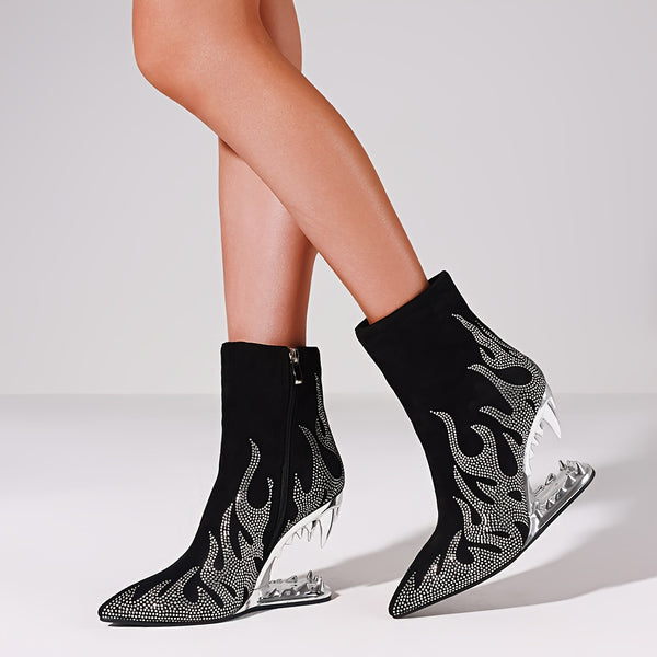 Glamorous rhinestone heels with flame pattern, pointed toe, side zipper, perfect for evening wear and nightclub events.