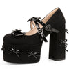Chic Bow Cross Buckle Platform Pumps in black with block heel, bow embellishment, and square toe for Y2K fashion elegance.