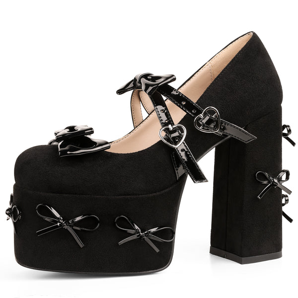Chic Bow Cross Buckle Platform Pumps in black with block heel, bow embellishment, and square toe for Y2K fashion elegance.