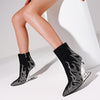 Glamorous rhinestone heels with flame pattern, pointed toe, side zipper, perfect for evening wear and nightclub events.