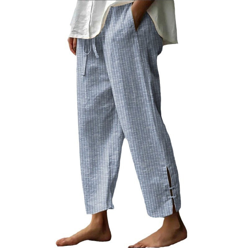 Men's Striped Linen-Cotton Pants in Blue, Graphite, and Khaki with Pockets - Loose Fit Casual Trousers for Men and Teens