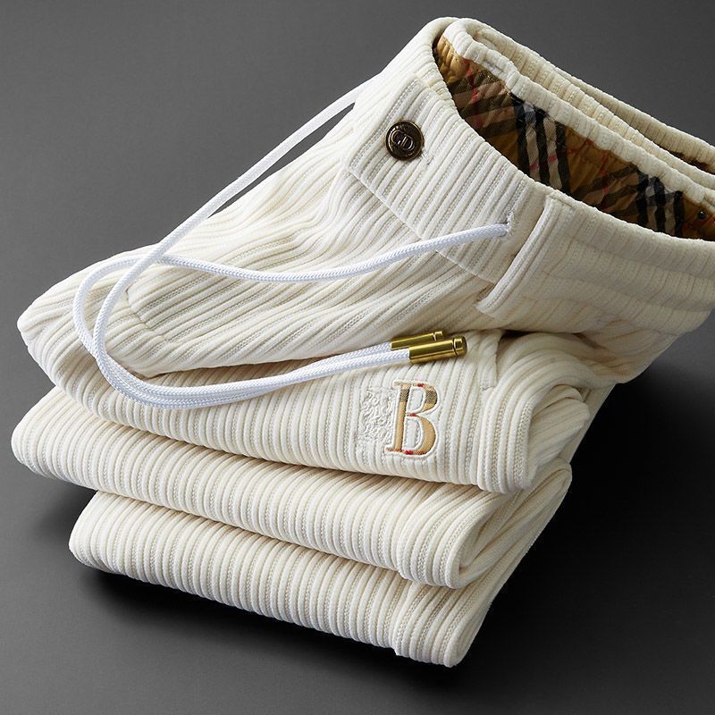 Men's Corduroy Sweatpants in Fashion Brand Embroidery, Apricot/Brown - Comfortable & Stylish Youth Apparel