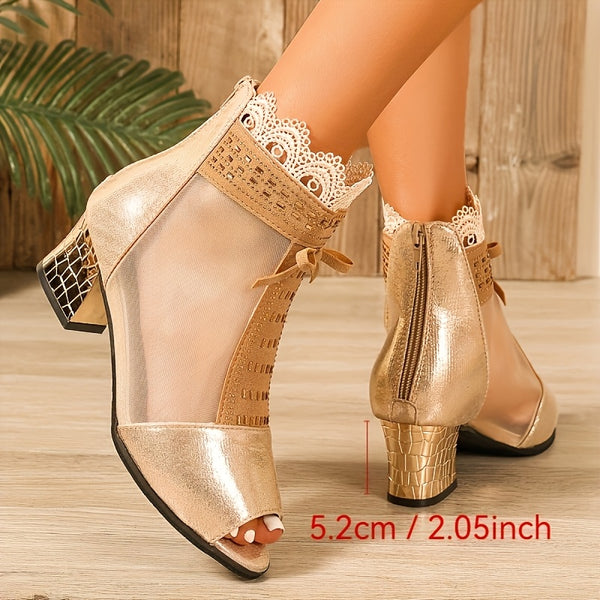 Elegant black sparkling open-toe high heels for women with chunky heel, lace trim, and bow embellishment, perfect for events.