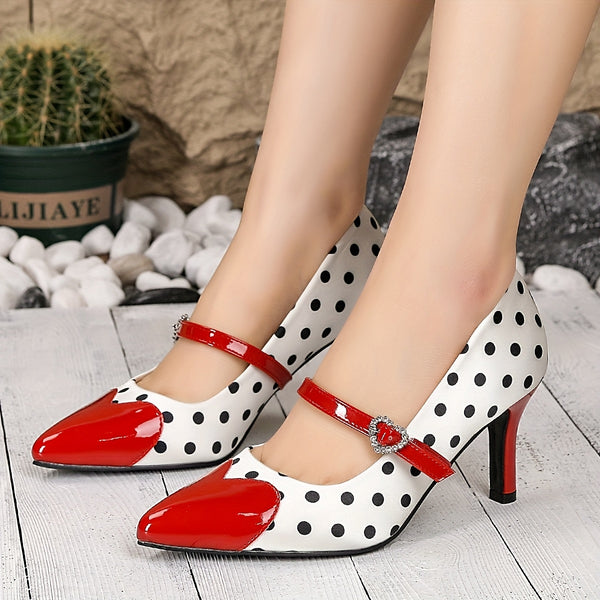 Chic polka dot Mary Jane kitten heels with heart-shaped ankle strap, perfect for vintage style and all-season wear.