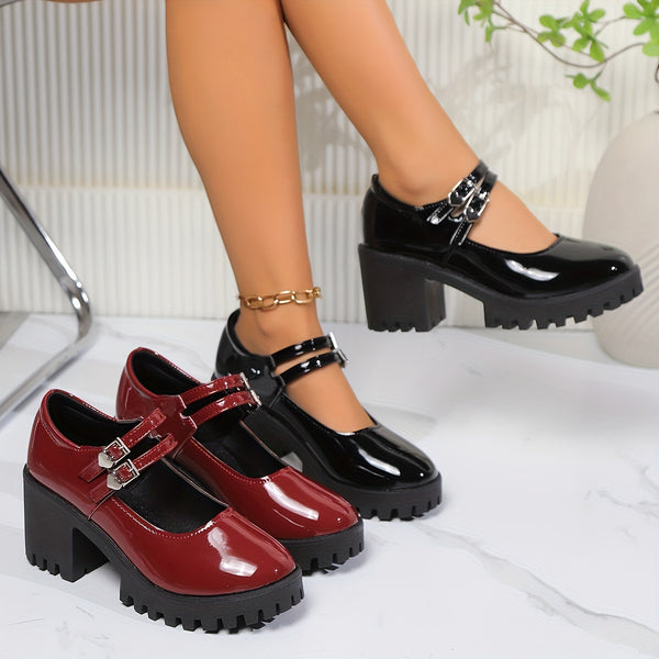 Women's chunky heel brogue platform shoes with heart straps, featuring vintage style, comfort, and durable rubber sole.