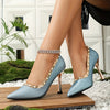 Peacock blue pearl studded heels, chic mid-height pumps with pointed toe, perfect for elegant events and stylish gatherings.