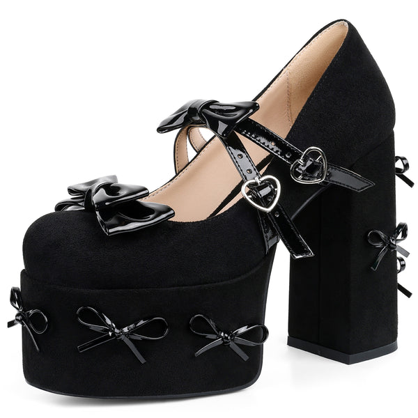 Chic Bow Cross Buckle Platform Pumps in black, featuring a block heel and square toe, perfect for Y2K fashion and formal wear
