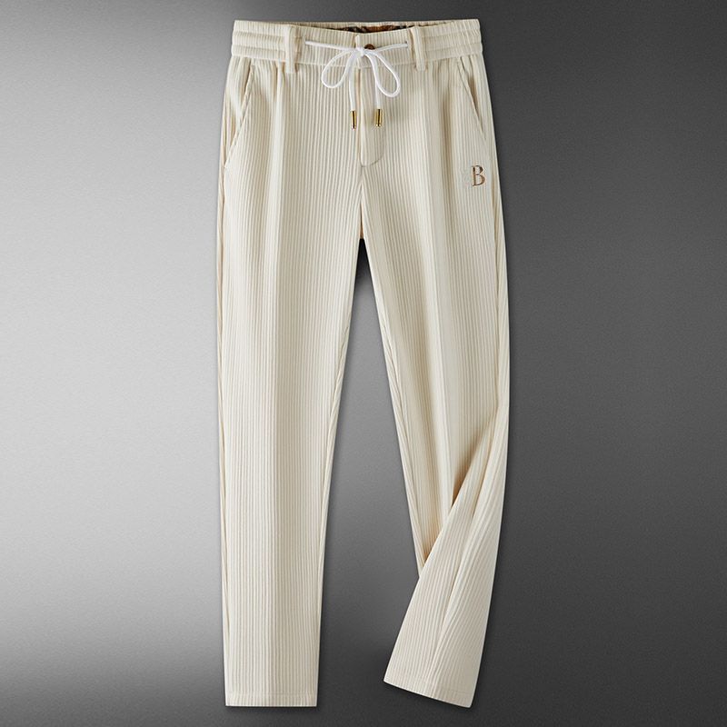 Trendy Men's Corduroy Sweatpants in Apricot Brown - Fashion Brand Embroidery Craft Straight Cut Design - Male Youth Apparel.