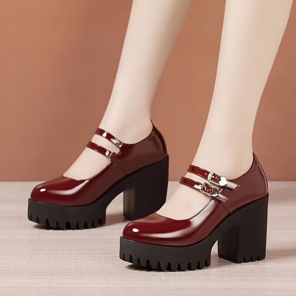 Women's chunky heel brogue platform shoes with heart straps, featuring vintage style and comfortable block heel design.