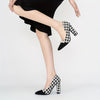 Elegant women's houndstooth pumps with faux pearl accents, pointed toe, and chunky block heel for all-season comfort.