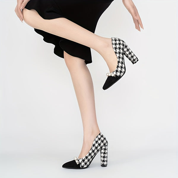 Elegant women's houndstooth pumps with faux pearl accents, pointed toe, and chunky block heel for all-season comfort.