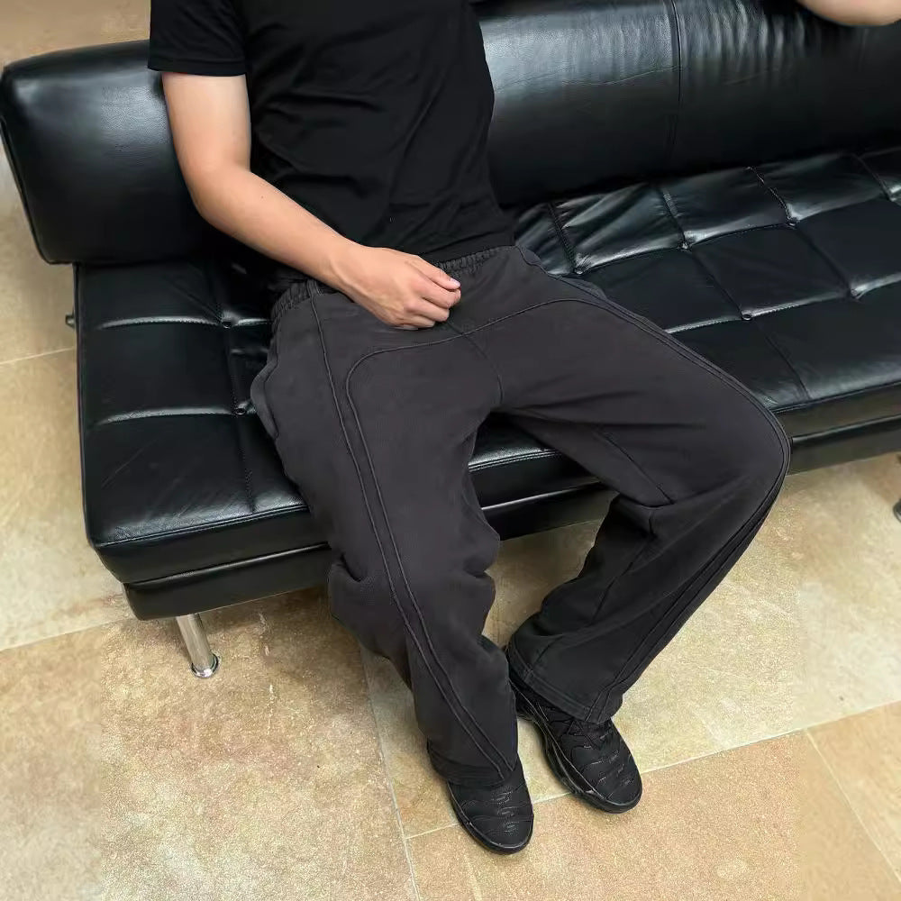 Comfortable Stretch-Rope Casual Sweatpants in Black - Mid-waist Polyester Pants with Unique Quilting - Men's Street Fashionwear