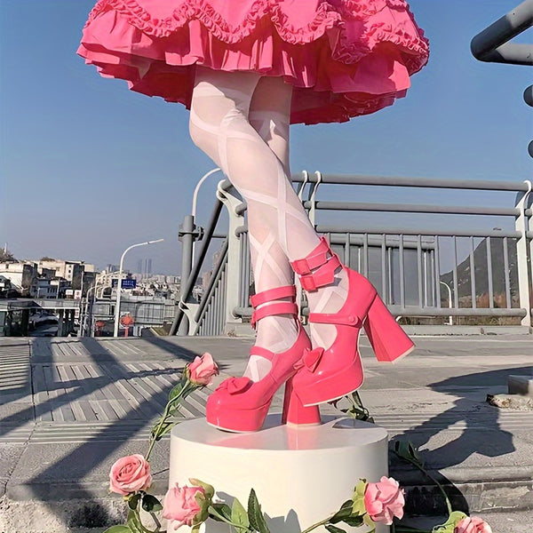 Elegant women's bow high heels with block heel, round toe, and buckle closure for stylish comfort in any season.