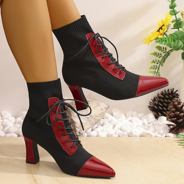 Chic black and red pointed toe lace-up booties with block heel, perfect for all-season fashion and comfort.