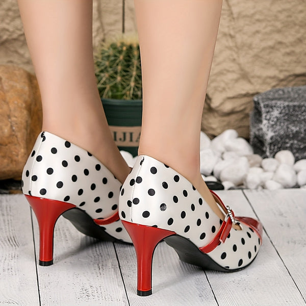 Chic Polka Dot Mary Jane Kitten Heels with heart-shaped ankle strap, perfect for vintage style and all-season wear.