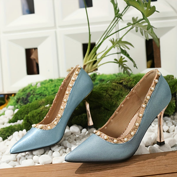 Peacock blue pearl studded heels, chic mid-height pumps with pointed toe, perfect for stylish events and parties.