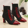 Chic black and red pointed toe lace-up booties with block heel for stylish comfort in all seasons and occasions.