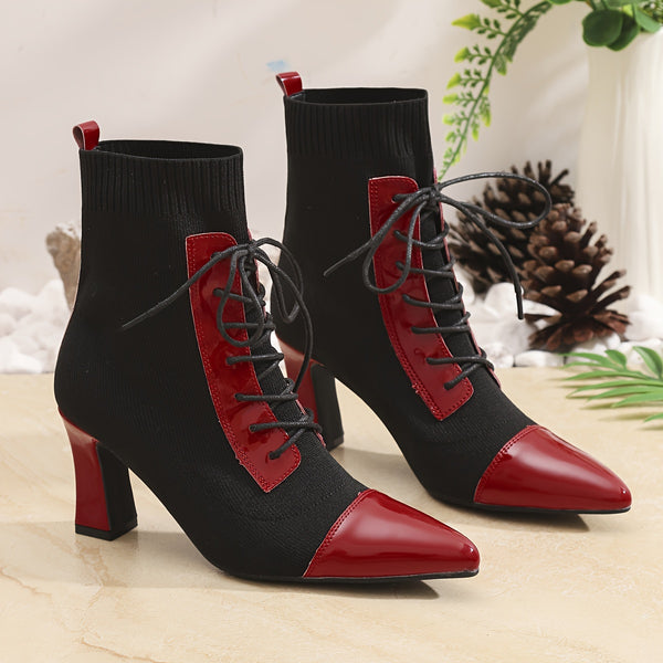 Chic black and red pointed toe lace-up booties with block heel for stylish comfort in all seasons and occasions.