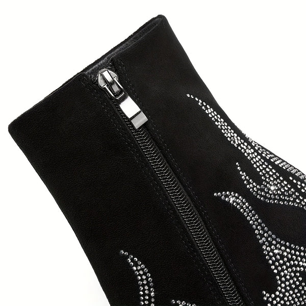 Glamorous rhinestone heels with flame pattern, pointed toe, side zipper, perfect for evening wear and nightlife events.