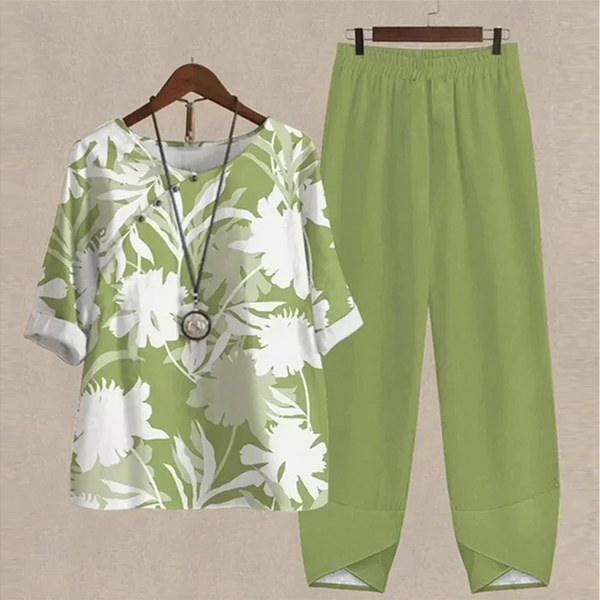 Stylish women's two-piece set featuring a vibrant garden print.